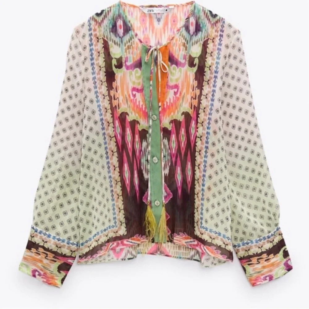 Zara Multi colored feather 2 pieces Set Shirt Small Pants Medium NWT - Picture 5 of 10